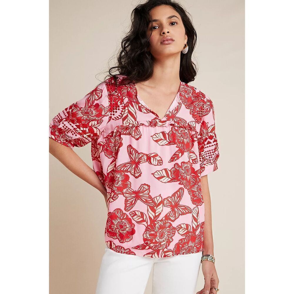 Anthropologie Vineet Bahl Inge Embroidered Blouse red pink floral sz S
